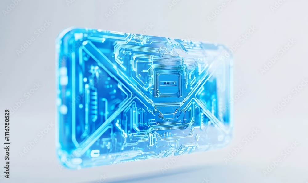 Fototapeta premium On a white background, this shows a digital communication icon in blue tones with circuit lines. Concept of electronic mail is illustrated.