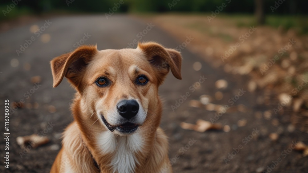 Friendly brown dog sitting on a path. Friendly brown dog sitting on a path.