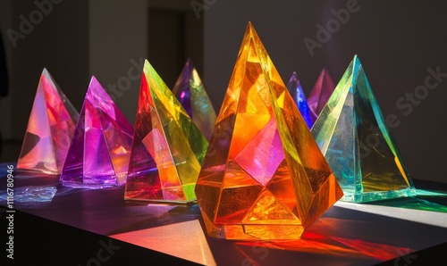 Prisms refract colors onto dark surfaces, creating a vibrant display of colors ideal for demonstrating concepts of light, optics, physics, and creativity. photo