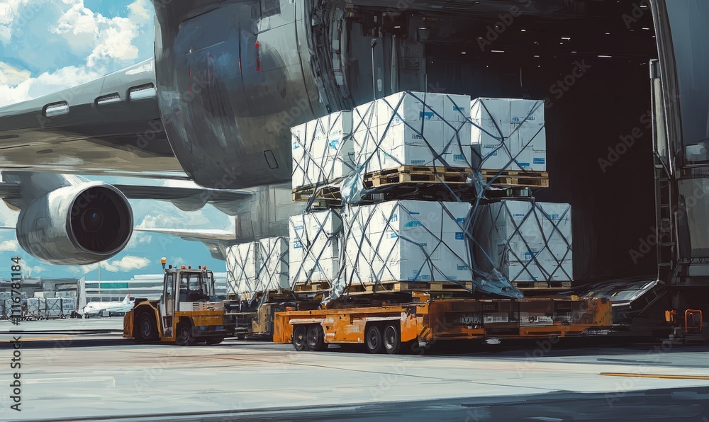 A large cargo is being loaded at an airport. Pallets of white and blue boxes, securely strapped and stacked high, are being transported into the open cargo hold of the aircraft. A large cargo is being loaded at an airport. Pallets of white and blue boxes, securely strapped and stacked high, are being transported into the open cargo hold of the aircraft.