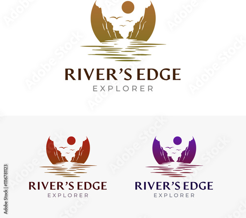 Rivers Edge Explorer logo design. a sunset on calm water between cliffs. Ideal for nature, travel, and relaxation themed designs and projects. EPS Layered Vector File photo