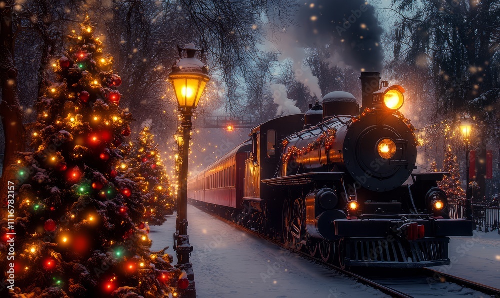 A medieval style train in a station, a street lamp and Christmas pine trees decorated with many lights next to a stop strong colors. A medieval style train in a station, a street lamp and Christmas pine trees decorated with many lights next to a stop strong colors.