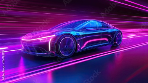 Futuristic car, neon lights, speeding, vibrant, abstract.