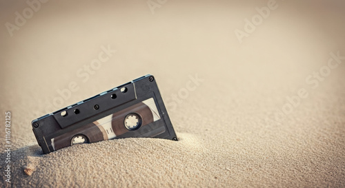 Cassette tape partially buried in sand, symbolizing nostalgia and retro music culture, AI photo