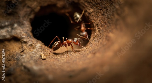 Close-up of red ants emerging from a small hole in the ground, showcasing intricate details of their bodies and natural habitat in a dimly lit environment, AI photo