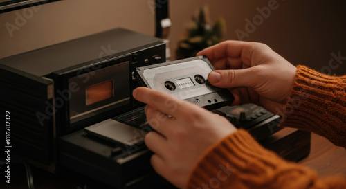 Person inserting a cassette tape into a vintage tape recorder, showcasing retro technology, AI photo