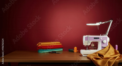 Sewing machine on a wooden table with colorful fabric and tools against a red background, AI photo