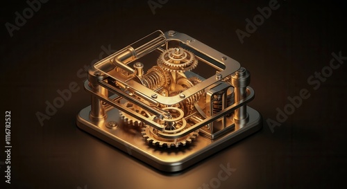 Intricate golden mechanical gears and cogs in a square metallic frame, illuminated on a dark background. The design showcases precision engineering and industrial craftsmanship, AI photo