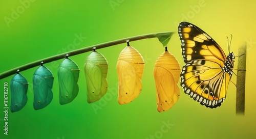 A vibrant butterfly perched on a twig with chrysalis stages, symbolizing transformation and growth, AI