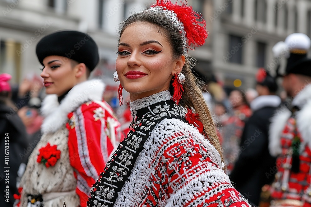 Romanian folkloric dancer smiling during a carnival parade Romanian folkloric dancer smiling during a carnival parade