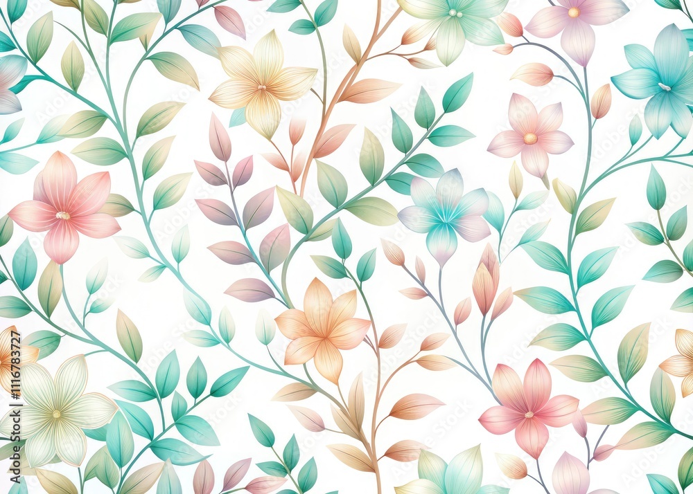 This seamless background features a minimal pastel gradient flower vine design, ideal for enhancing surreal photography and clipart, adding a dreamy, artistic touch to projects.