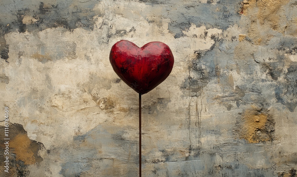 A red wooden heart on a stick against a textured background, symbolizing love and simplicity. A red wooden heart on a stick against a textured background, symbolizing love and simplicity.
