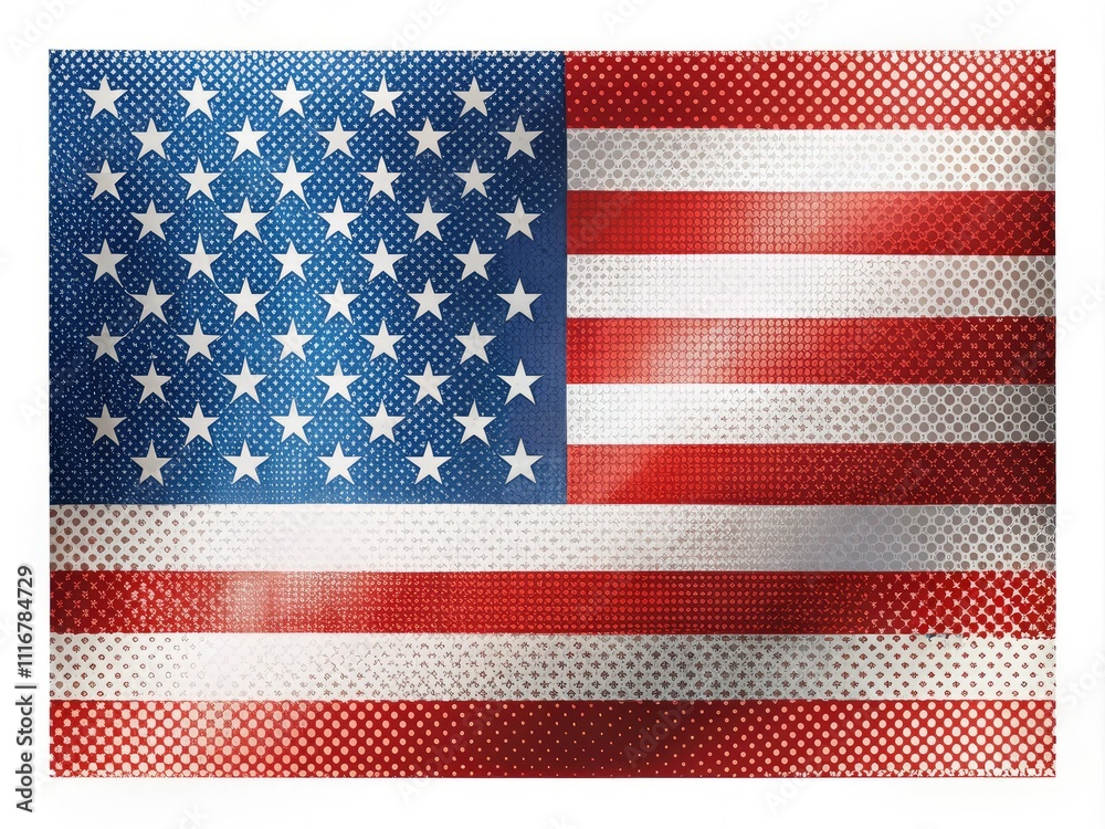 Fototapeta premium Unique half-tone illustration of the American flag, skillfully arranged in a rule of thirds composition, perfect for creative designs and diverse projects.