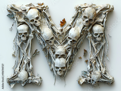 alphabet, bones, letters, skeleton, spooky, eerie, creepy, horror, gothic, macabre, anatomy, skull, spine, ribcage, femur, tibia, fibula, humerus, ulna, radius, clavicle, scapula, pelvis, vertebrae, m