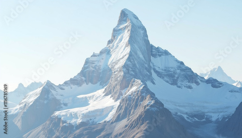 Majestic snow capped mountain peak  towering high above the landscape under a clear sky.