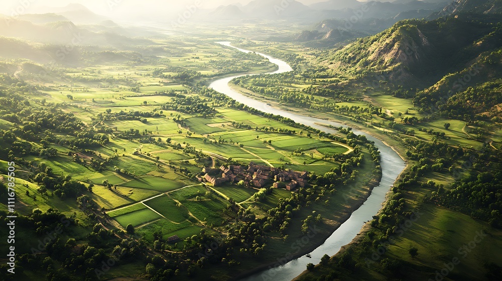 Fototapeta premium Aerial view of a serene landscape with a winding river and lush green fields.