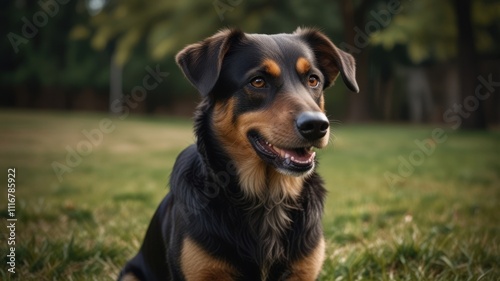 Happy mixed breed dog sitting in grass. photo