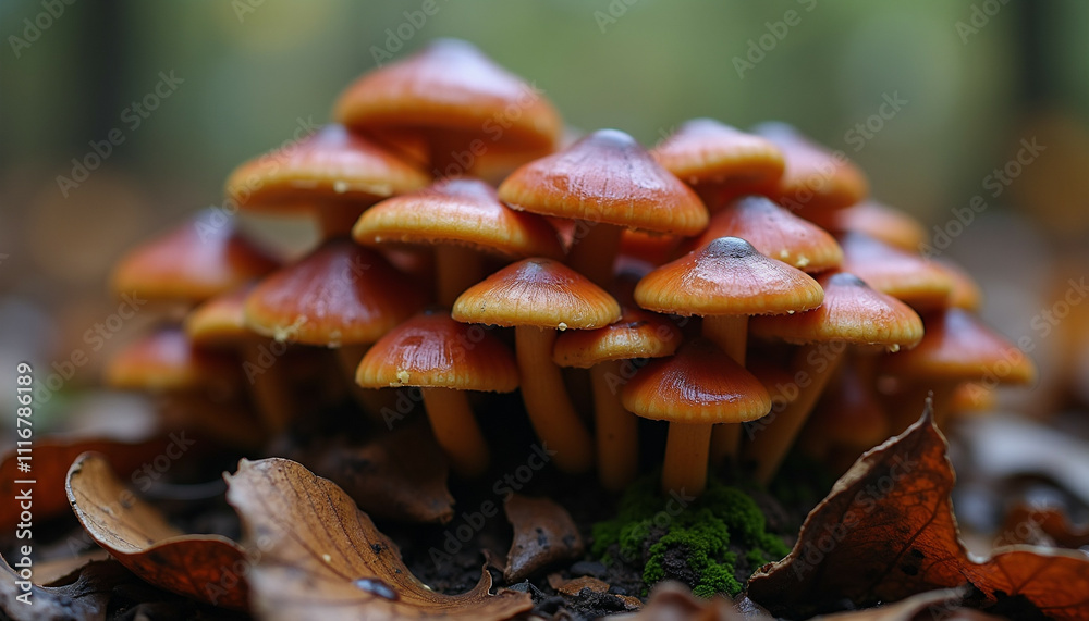 A cluster of small orange brown mushrooms growing amongst fallen leaves in a forest. A cluster of small orange brown mushrooms growing amongst fallen leaves in a forest.
