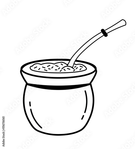 Minimalistic line art of a mate gourd with a bombilla. Traditional South American drink.