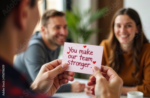 A heartfelt message card being shared in a cheerful office environment, emphasizing teamwork, appreciation, and Valentine's Day spirit with smiling colleagues in the background