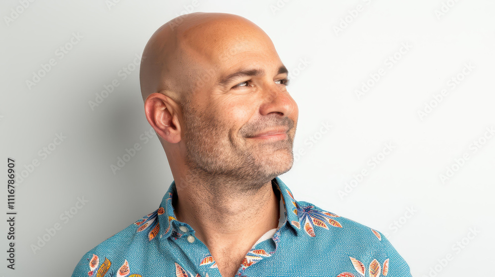 Fototapeta premium A middleaged bald man poses confidently against a white backdrop, exuding warmth with his natural smile and relaxed demeanor.
