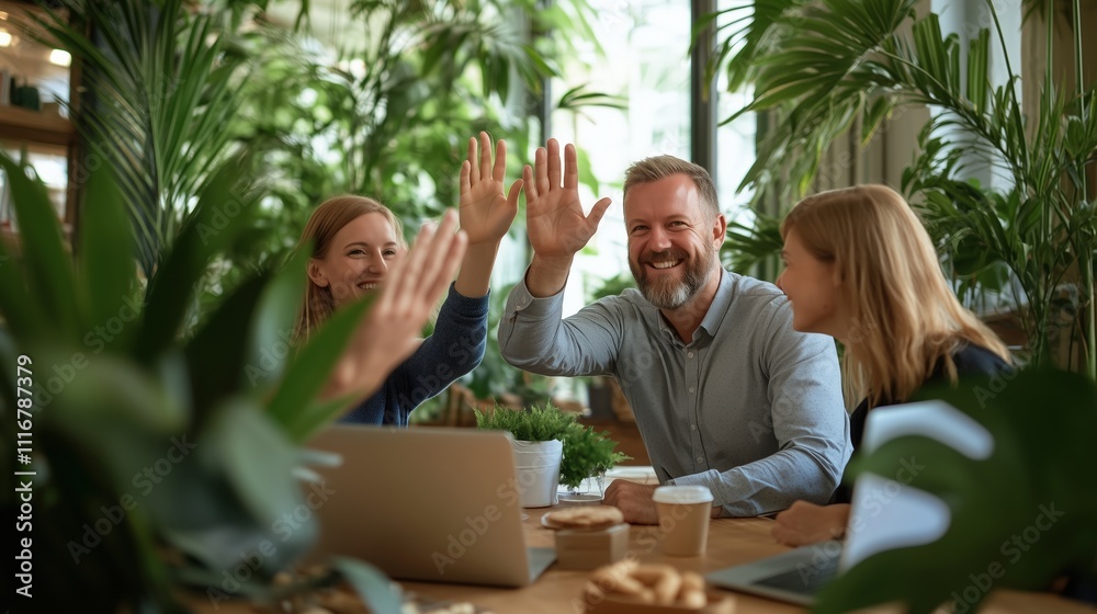 Fototapeta premium Business team high-fiving at a table in a green office environment, collaboration