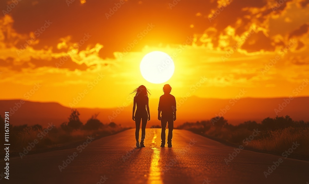During the sunset, they stand on a road with only silhouettes visible, a sharp backlight comes from the sun During the sunset, they stand on a road with only silhouettes visible, a sharp backlight comes from the sun