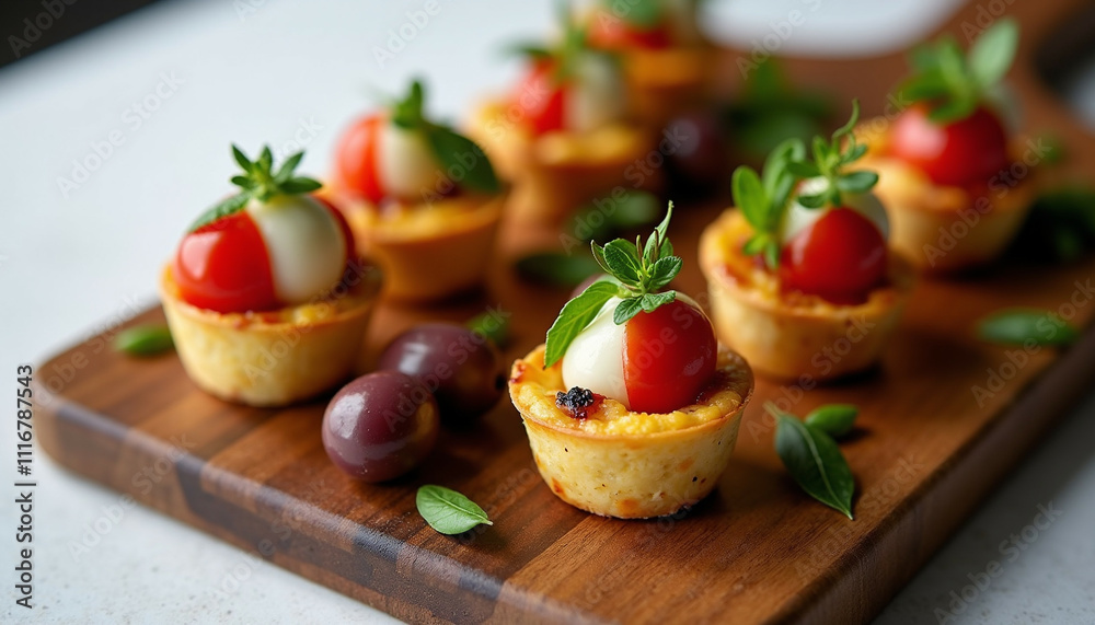 Mini savory tarts topped with fresh mozzarella cherry tomatoes and herbs. Mini savory tarts topped with fresh mozzarella cherry tomatoes and herbs.