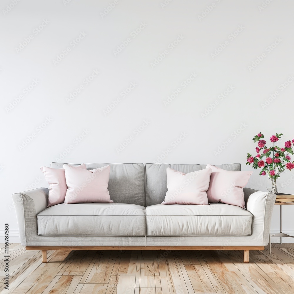 A modern living room interior with a comfortable sofa. pink pillows. wooden floor and a bouquet of pink roses on a wooden side table A modern living room interior with a comfortable sofa. pink pillows. wooden floor and a bouquet of pink roses on a wooden side table