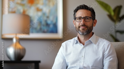 Portrait of a confident man in glasses sitting in a stylish modern interior with soft lighting