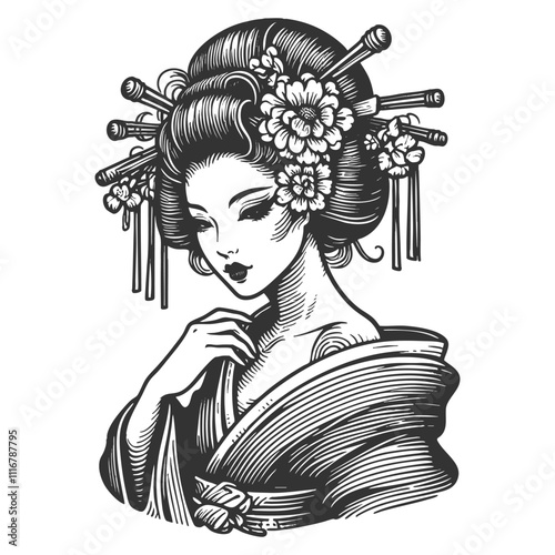 geisha in a floral-patterned kimono, asian woman sketch engraving generative ai fictional character vector illustration. Scratch board imitation. Black and white image.