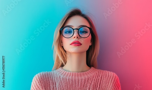 A woman wearing glasses appears on a vibrant background, perfect for illustrating educational, technological, or creative topics