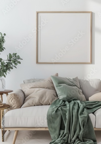 A white sofa with a green throw and pillows. a wooden side table. a plant. and a blank picture frame in a modern living room