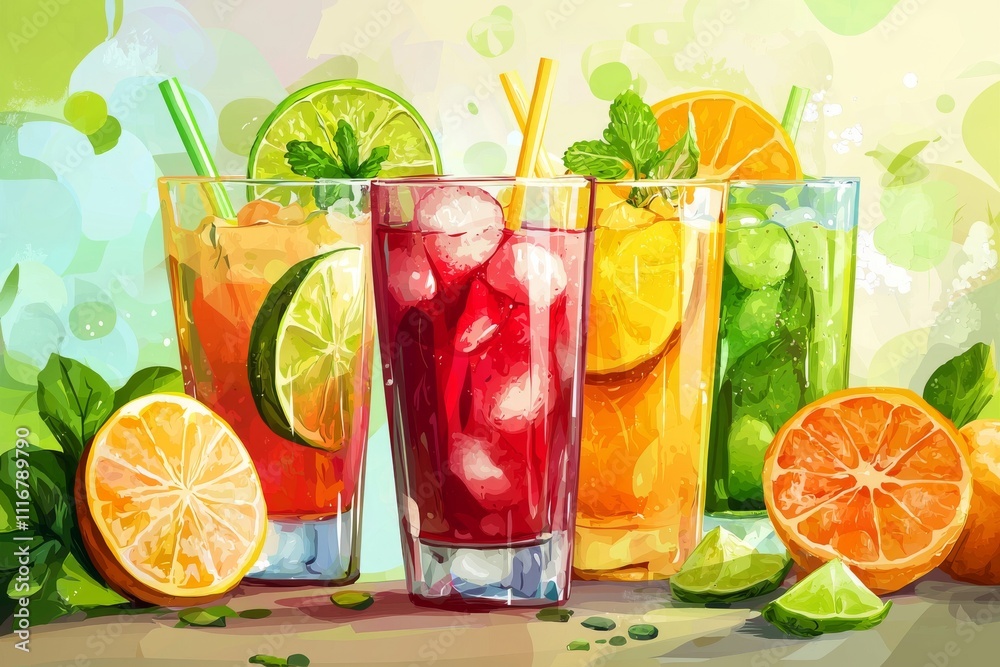A vibrant display of refreshing fruit cocktails with citrus garnishes, perfect for summer enjoyment. A vibrant display of refreshing fruit cocktails with citrus garnishes, perfect for summer enjoyment.