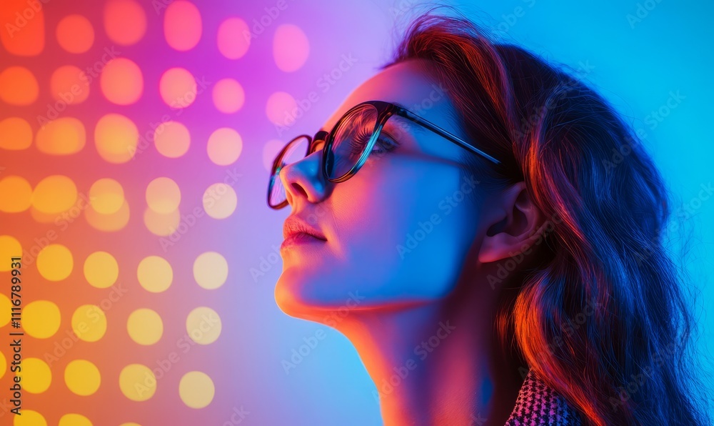 A woman wearing glasses appears on a vibrant background, perfect for illustrating educational, technological, or creative topics