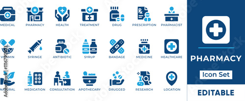 Pharmacy Icon Set. Features editable icons for pharmacy symbols, medicine, healthcare, drugs, prescription, medical, and more. Perfect for healthcare, pharmacy, and medical designs.