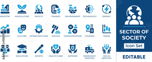 Sector of Society Icon Set. Representing various sectors of society symbols, finance, technology, health, education, and more