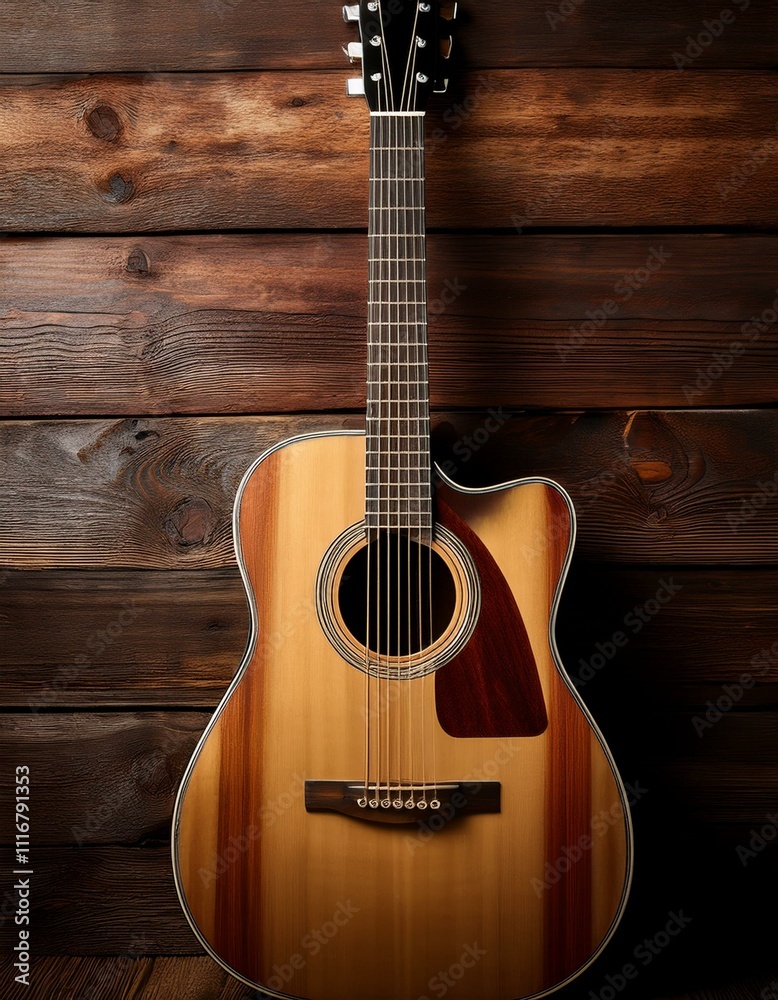 Obraz premium Acoustic guitar against rustic wood.