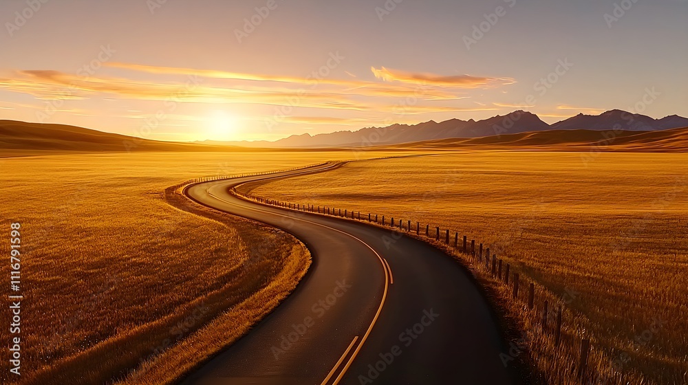 Fototapeta premium Country road snaking through golden fields at dawn, soft light and mist lifting from the ground, creating a peaceful and dreamlike morning scene. Dawn mist, Tranquil fields