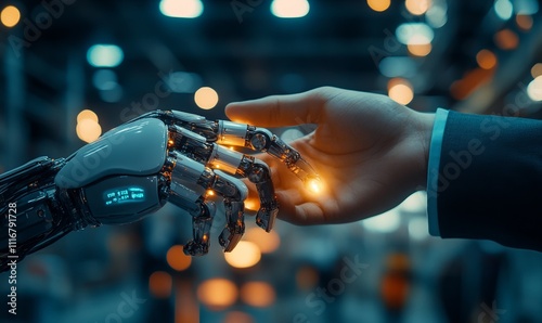 This close-up shows a robotic hand reaching for a human hand, illustrating the connection between the stock market and human interactions