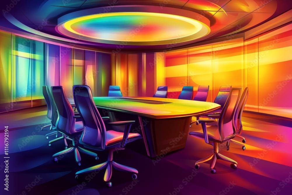 A vibrant and modern conference room with colorful lighting and sleek chairs, perfect for creative meetings. A vibrant and modern conference room with colorful lighting and sleek chairs, perfect for creative meetings.