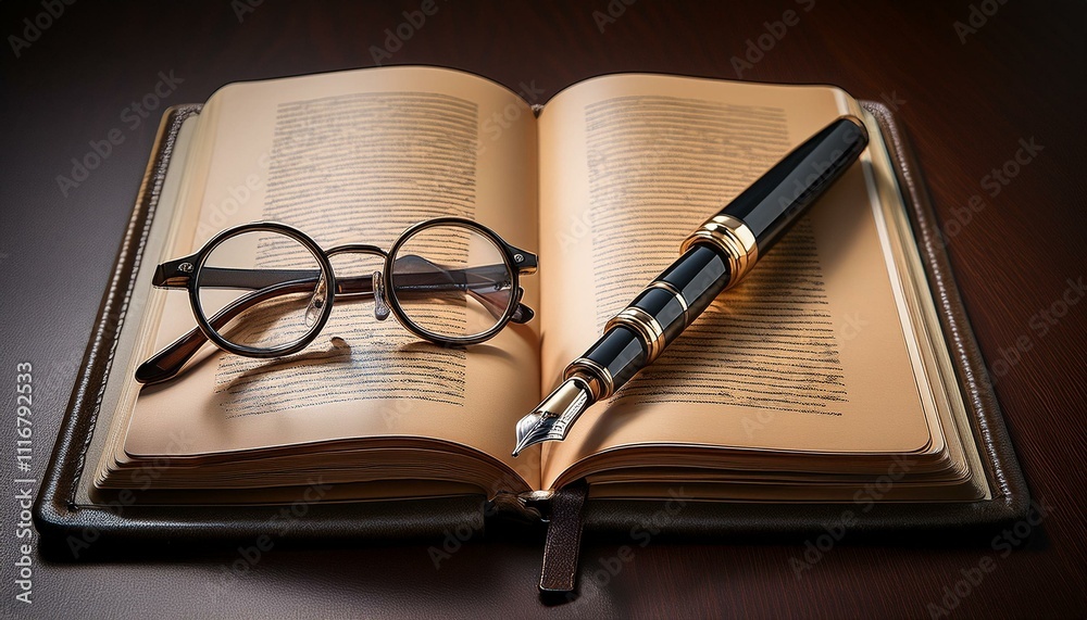 Round glasses, fountain pen, and open book. Round glasses, fountain pen, and open book.