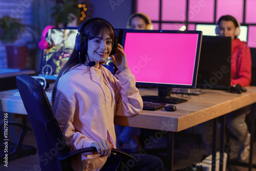Female gamer with headphone...