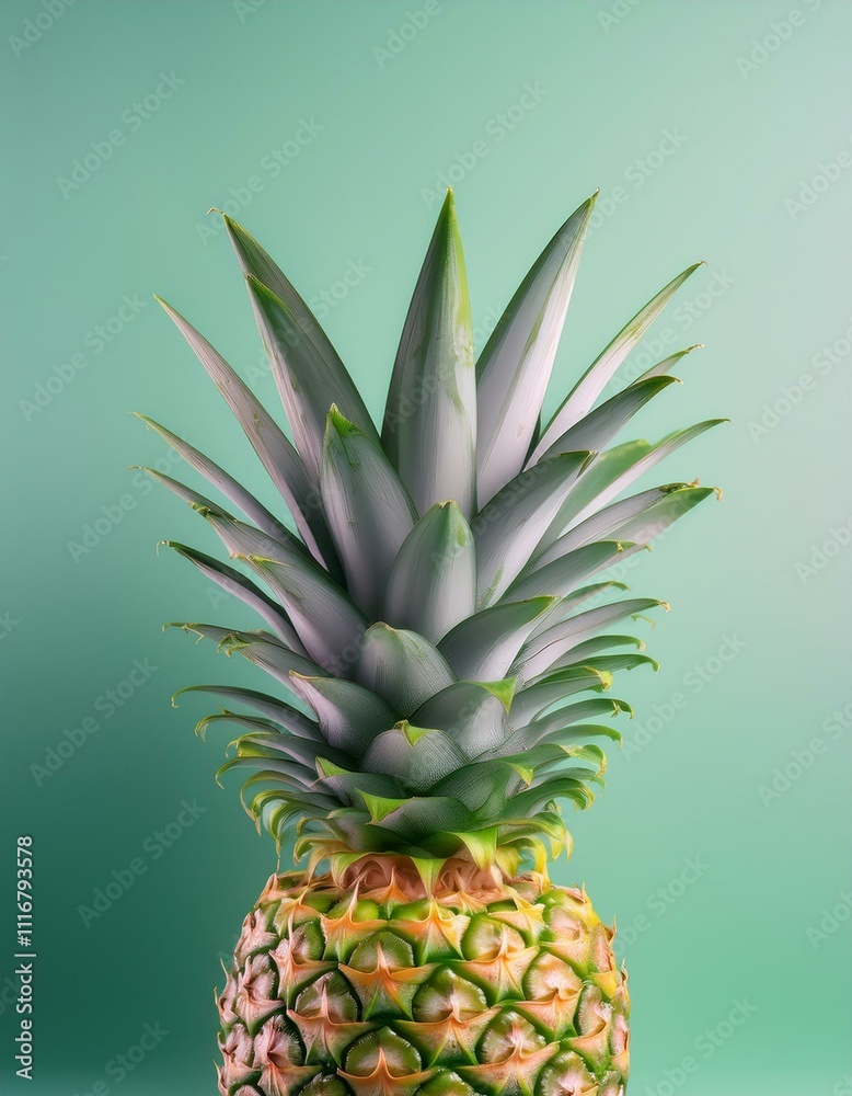 Fototapeta premium Close-up of a ripe pineapple against a mint green background.
