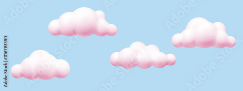 3D pink cloud set, in the blue sky. Cartoon cute clouds in bubble shape. Plasticine 3d weather icons, render style. Trendy fluffy clouds. Vector illustration.