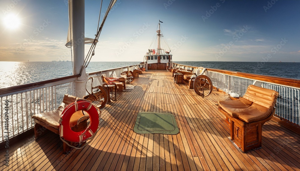 Obraz premium Golden hour on a ship's deck. Luxury travel.