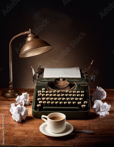 Vintage typewriter with a cup of coffee on a wooden desk under a lamp. photo