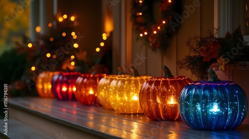 Colorful illuminated pumpkins on porch at night. photo