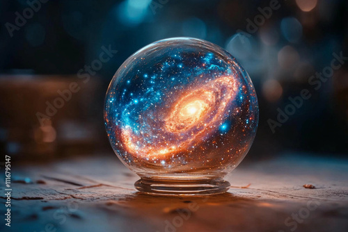 Beautiful galaxy inside a crystal sphere showcasing bright stars and swirling cosmic colors in a dark room. Generative AI