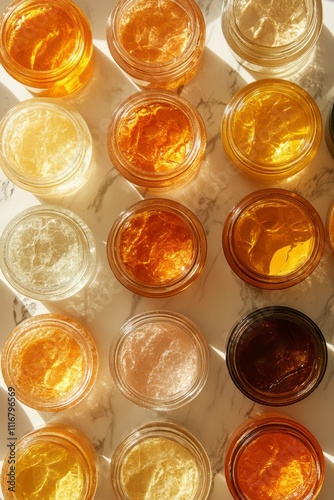 Vibrant Arrangement of Colorful Jars Filled With Various Liquids on a Bright Surface